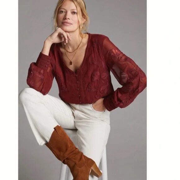 ANTHROPOLOGIE Floral Embroidered Lace long Sleeve Top Blouse - Picture 3 of 16